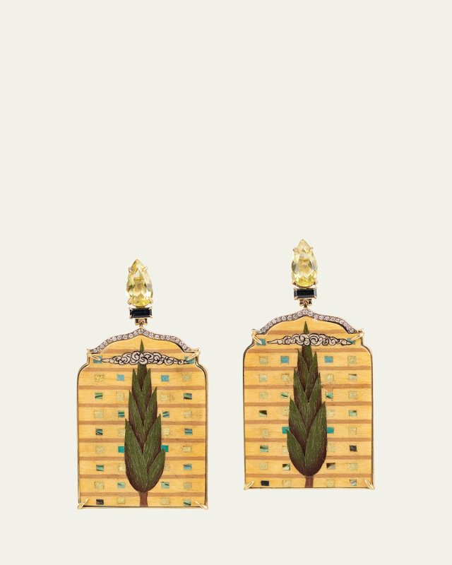 Marquetry Tree on Window Earrings with Diamonds and Sapphires